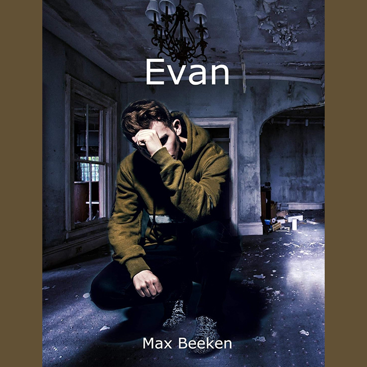 Image of book cover for Evan, featuring a young man squatting in the centre of a deserted room