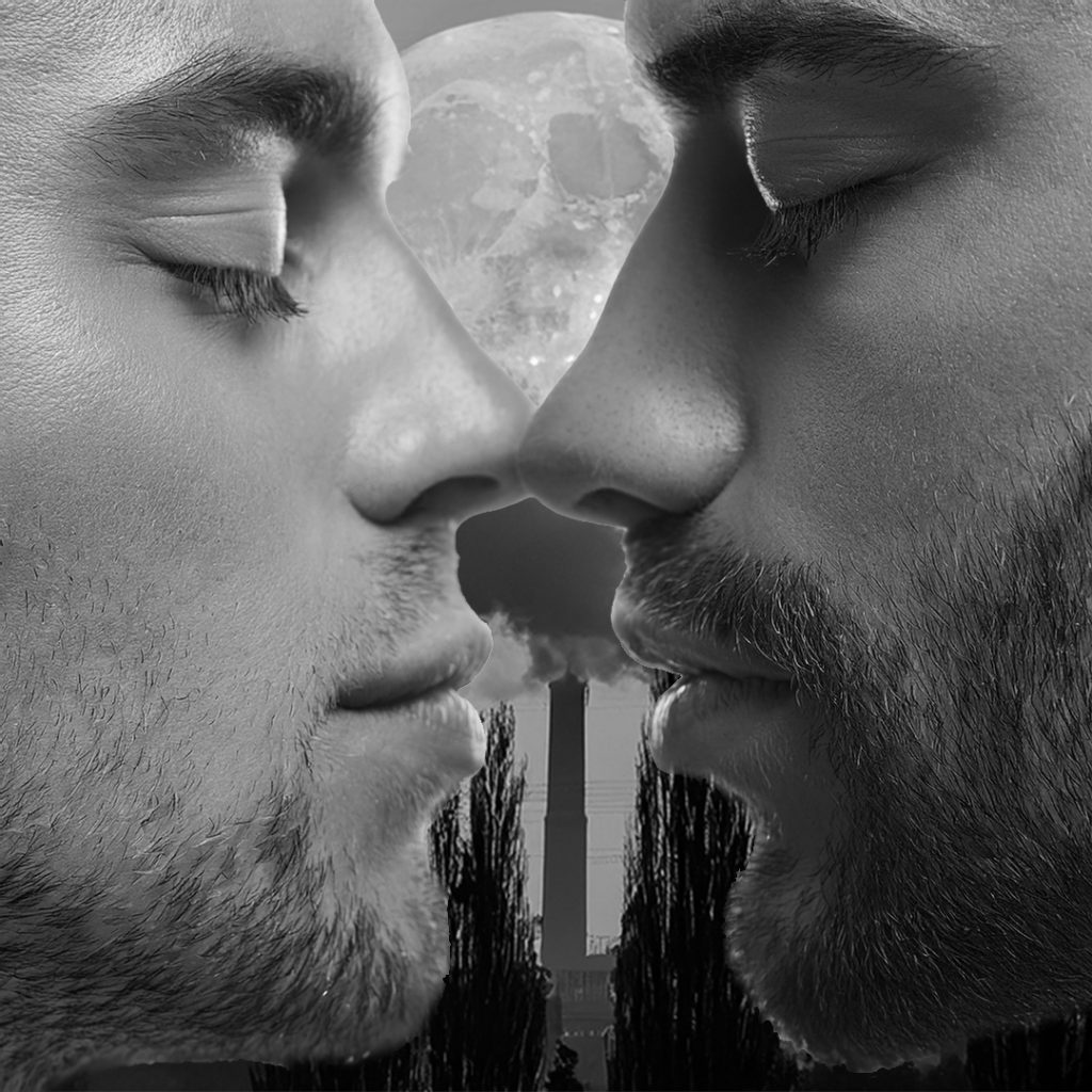 Close up of two men almost kissing against background of full moon.