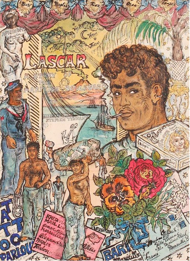 Hand-drawn sketch of black sailors, flowers, and tattoo parlours.