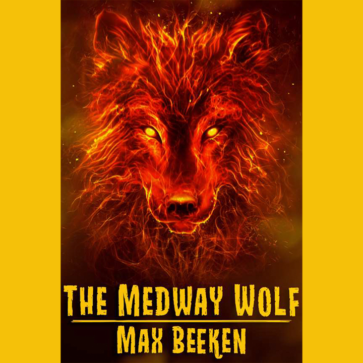 Image of The Medway Wolf book cover featuring a wolf in fire-like colours