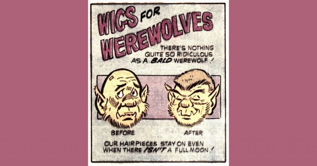 Cartoon of sad looking bald werewolf and happy hairy werewolf