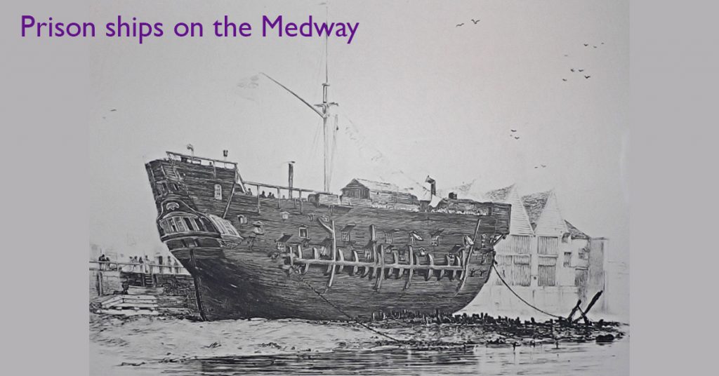 Sketch of prison ship moored on a river with house in the background.